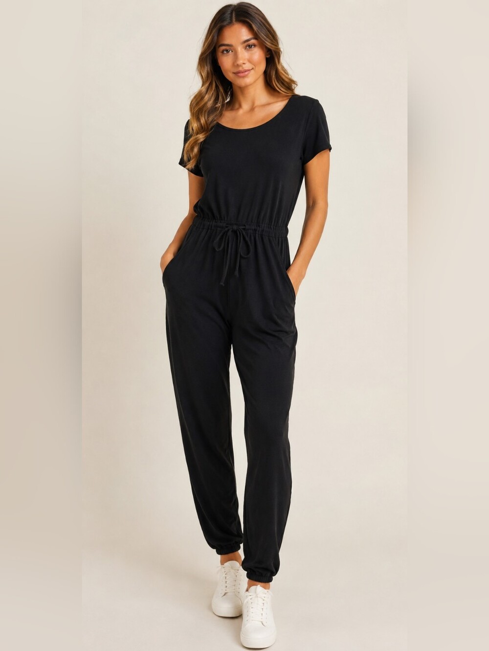 Rebel Sugar Black Short-Sleeve Drawstring Waist Jumpsuit